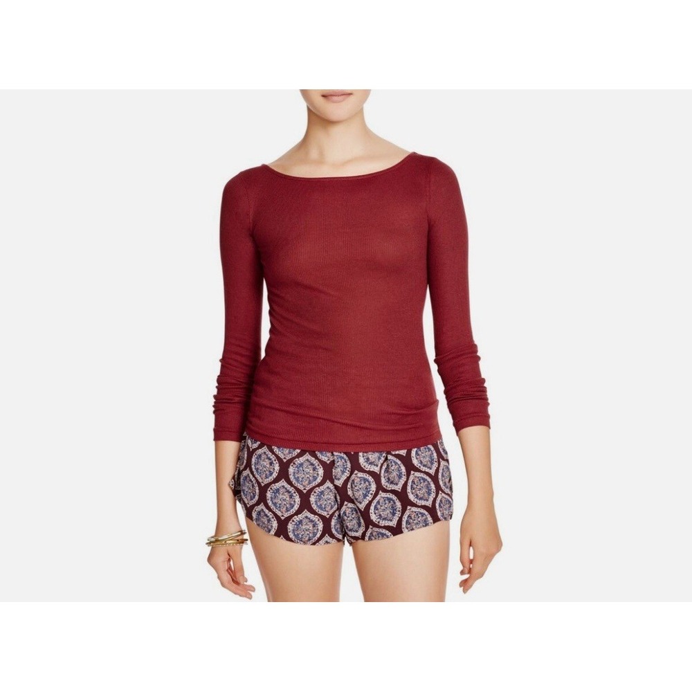 Intimately Free People Top Women Small Red Ribbed Long Sleeve Boat Neck Seam